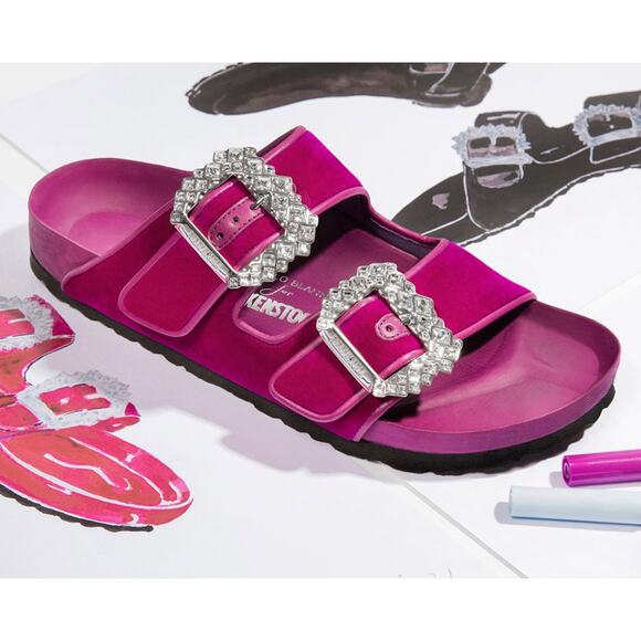 Manolo Blahnik Birkenstock Sandal in Fuchsia Velvet 37